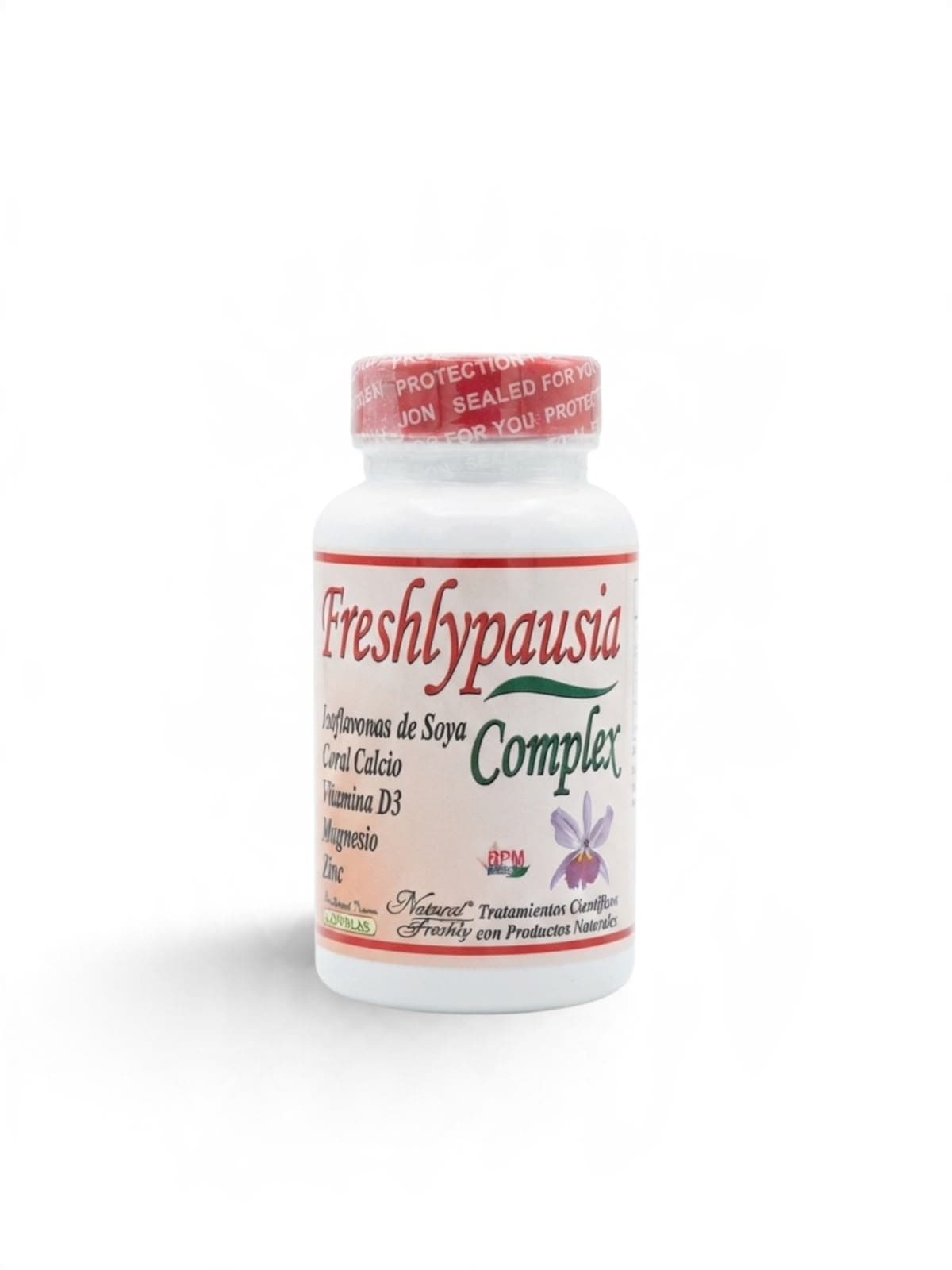 Frasco de Freshlypausia Complex de Natural Freshly con etiqueta crema y tapa roja | Tienda Natu Colombia