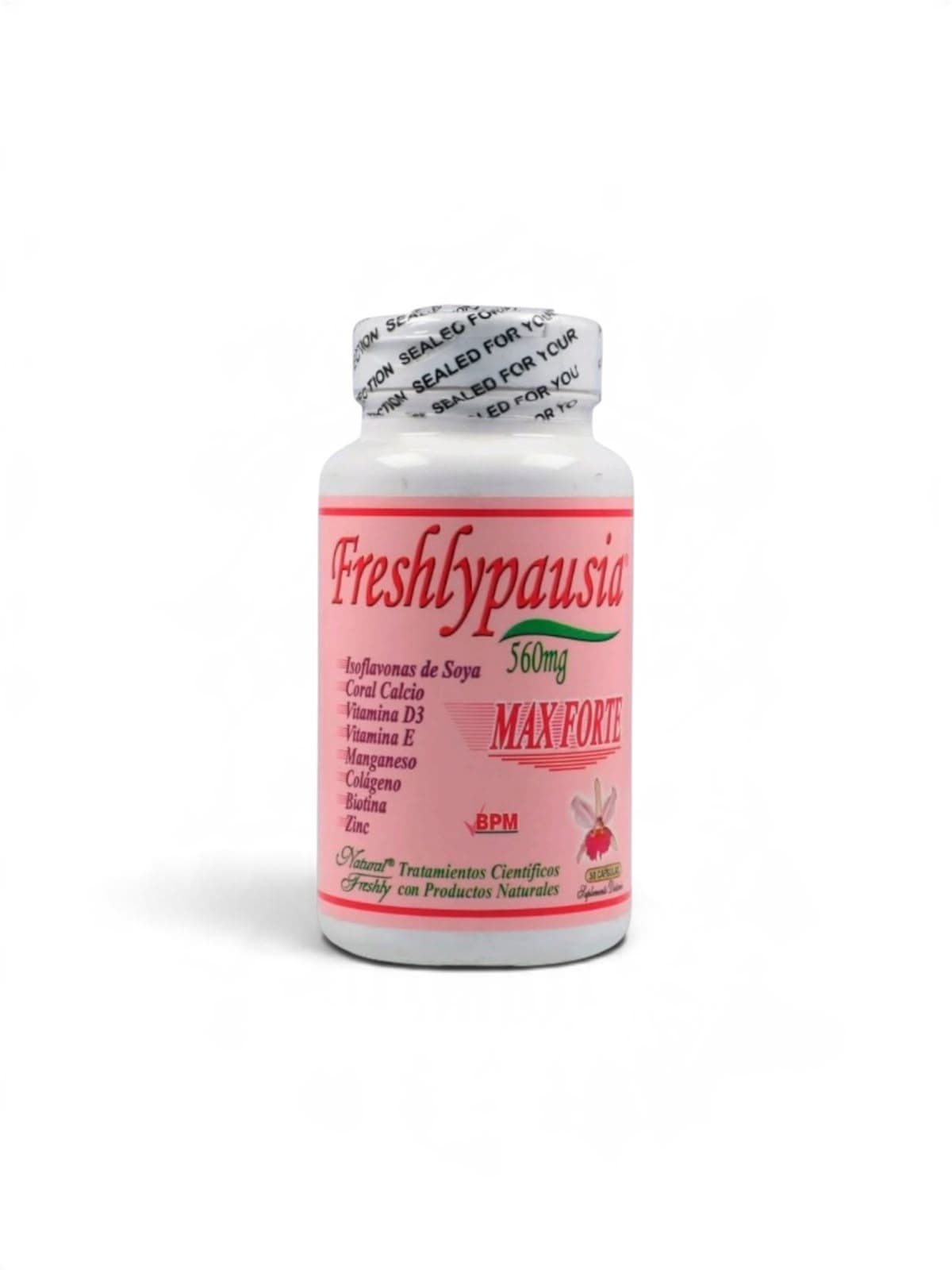 Frasco de Freshlypausia 560 mg Max Forte de Natural Freshly con etiqueta rosada | Tienda Natu Colombia