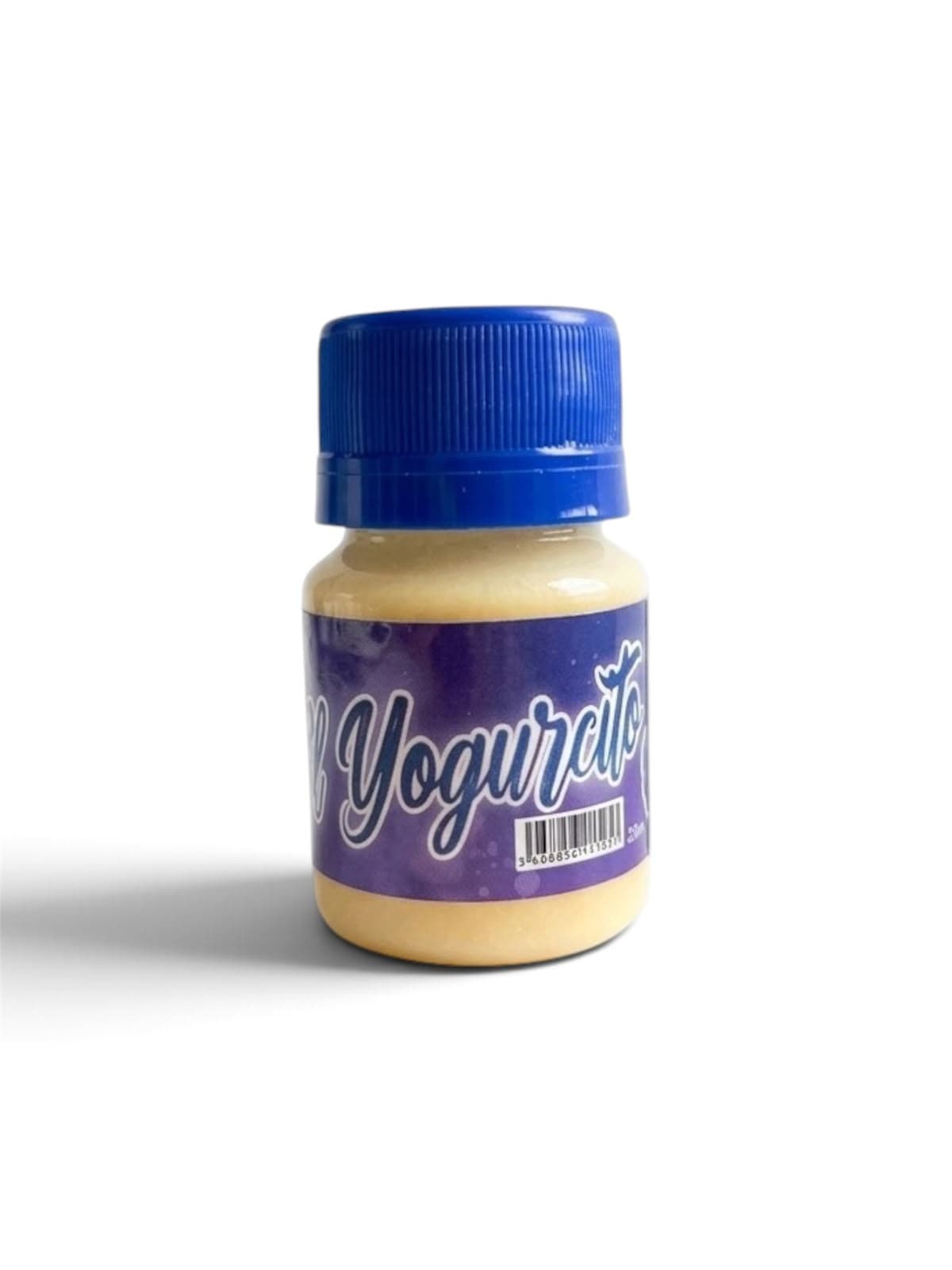 Yogurcito, frasco pequeno con tapa azul y etiqueta morada